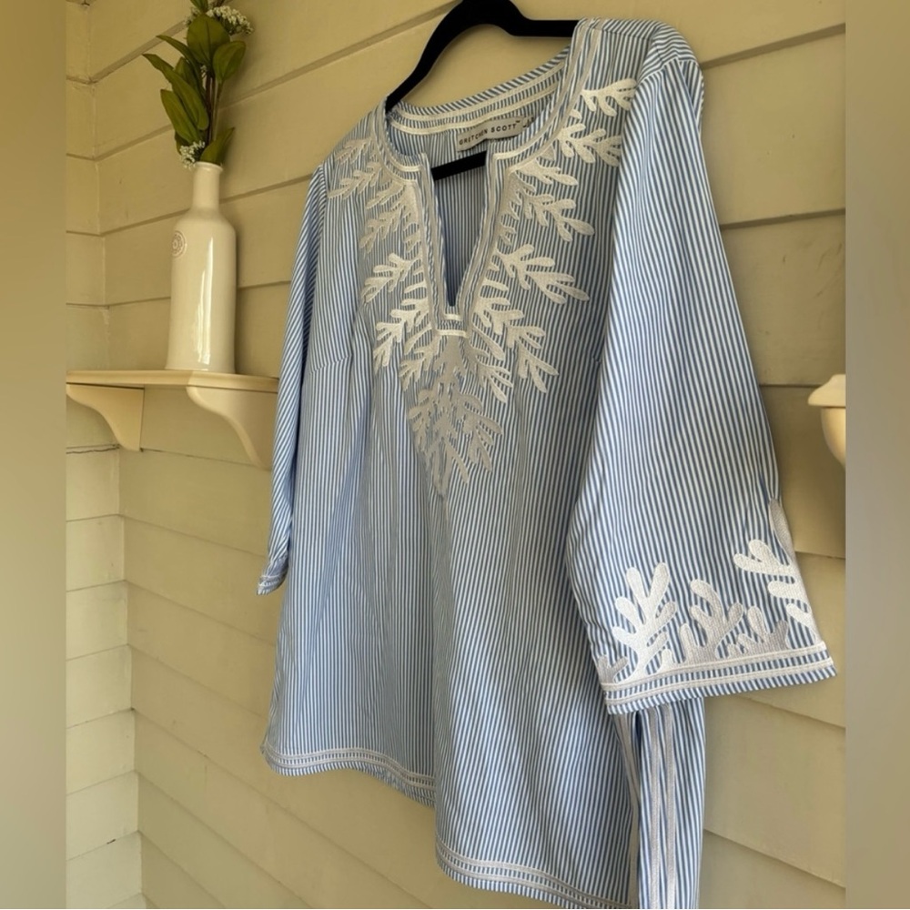 Gretchen Scott Embroidered Pinstripe Tunic The Reef Blue and White Size Large - Picture 6 of 10